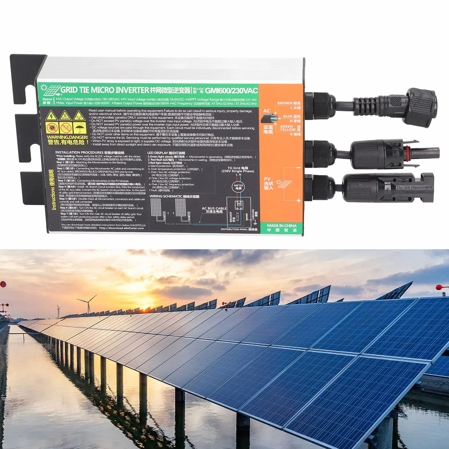 600W Solar Grid Tie Inverter Grid Tie Inverter ad Alta velocità di conversione MPPT Onda sinusoidale Pura IP55 Impermeabile 230 V Solar Inverter