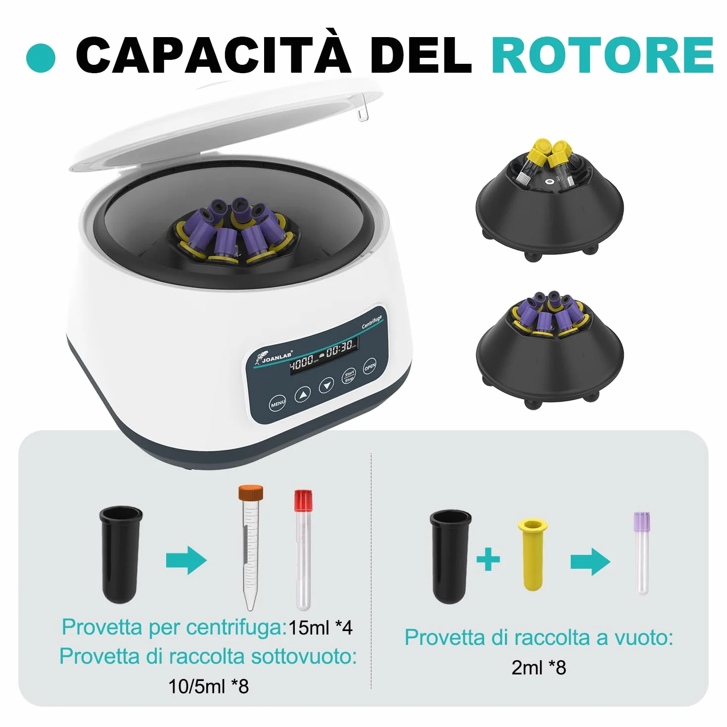 JOANLAB LC-400 Centrifuga da Laboratorio Bassa Velocità per PRP/PRF, 4000 RPM, 1717 xg, Timer 30s-59min, per 4x15ml o 8x2/5/10ml Tubi