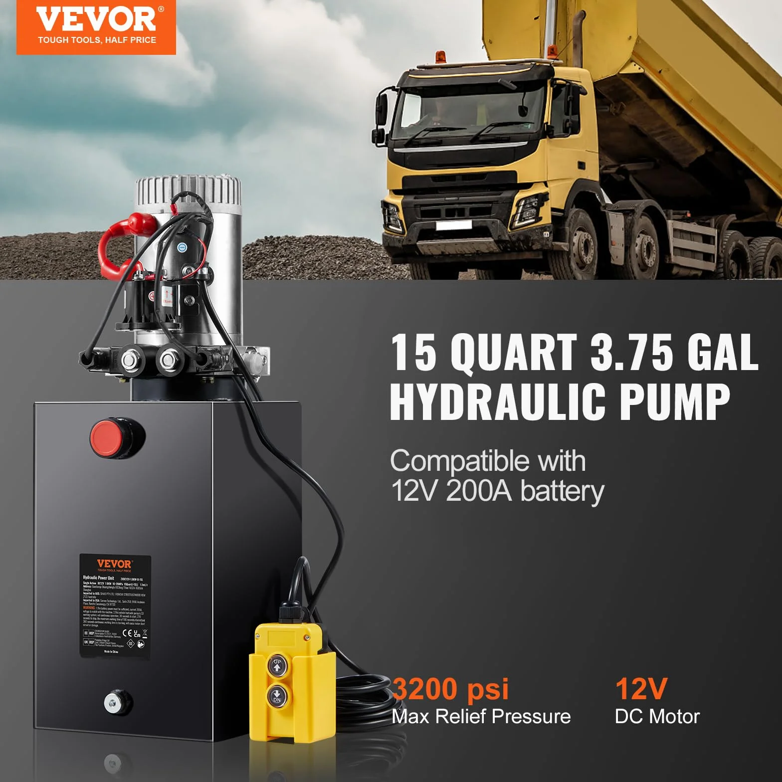 VEVOR Pompa Idraulica CC 12V Capienza ca. 14 L Centralina Idraulica ad Azione Doppia Flusso d'Olio ca. 3,44 L/min Pressione Massima di 22 MPa, Pompa per Montacarichi Auto Camion Rimorchio da Garage