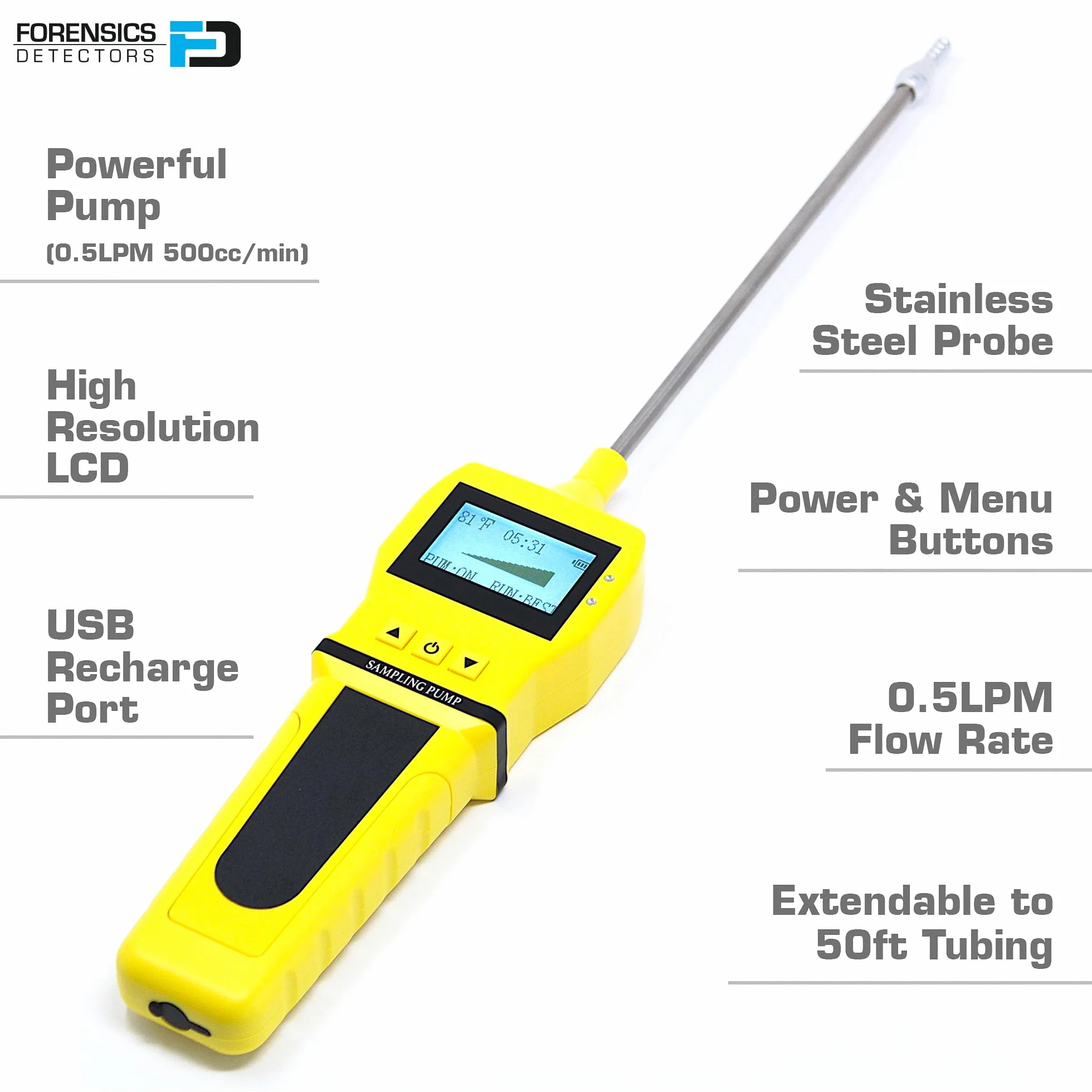 Pompa di Campionamento Gas by FORENSICS | Sonda in Acciaio Inox | Progettata per Rilevatori e Misuratori di Gas | Portata: 0,5 LPM, 500 cc/min | ABS Rinforzato | Ricarica USB |