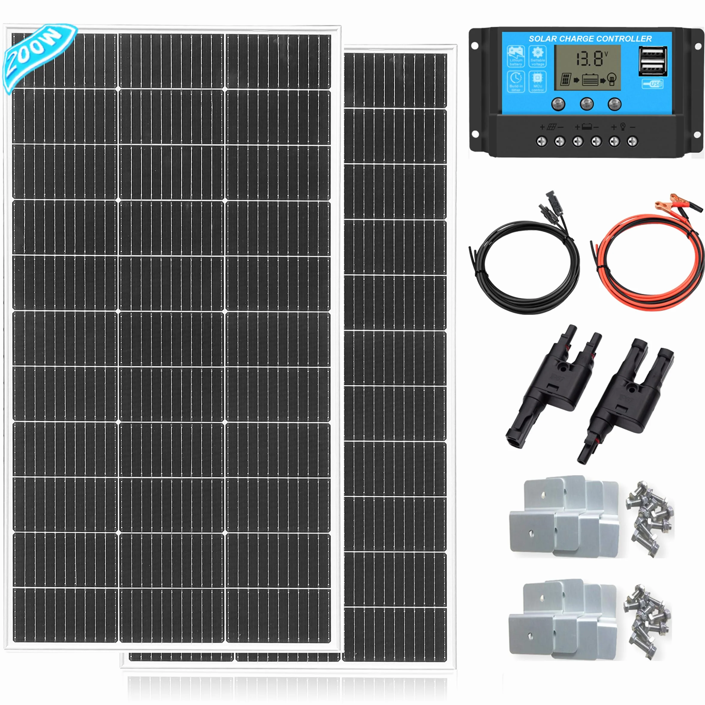 XINPUGUANG Kit Pannello Solare 200w 12v：2PC 100w Pannello Fotovoltaico, 20A Regolatore di Carica Solare, Cavo Solare da 3m, Staffe di Montaggio Stile Z per Camper, 12v batteria