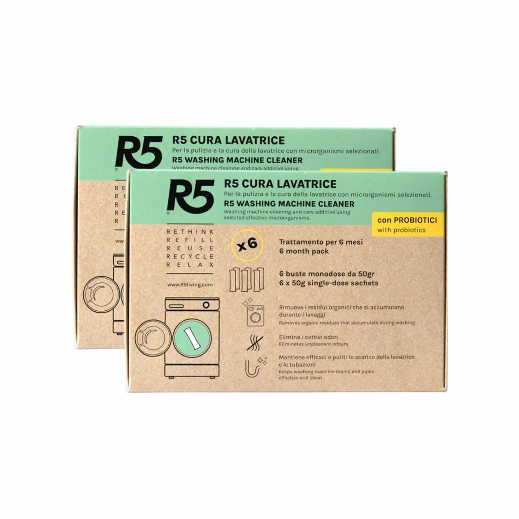 R5, Cura Lavatrice, 12 Dosi, Additivo per Pulizia e Cura della Lavatrice con Microrganismi Effettivi Selezionati, Rimuove Residui Organici e Cattivi Odori, 2 x 6 Dosi