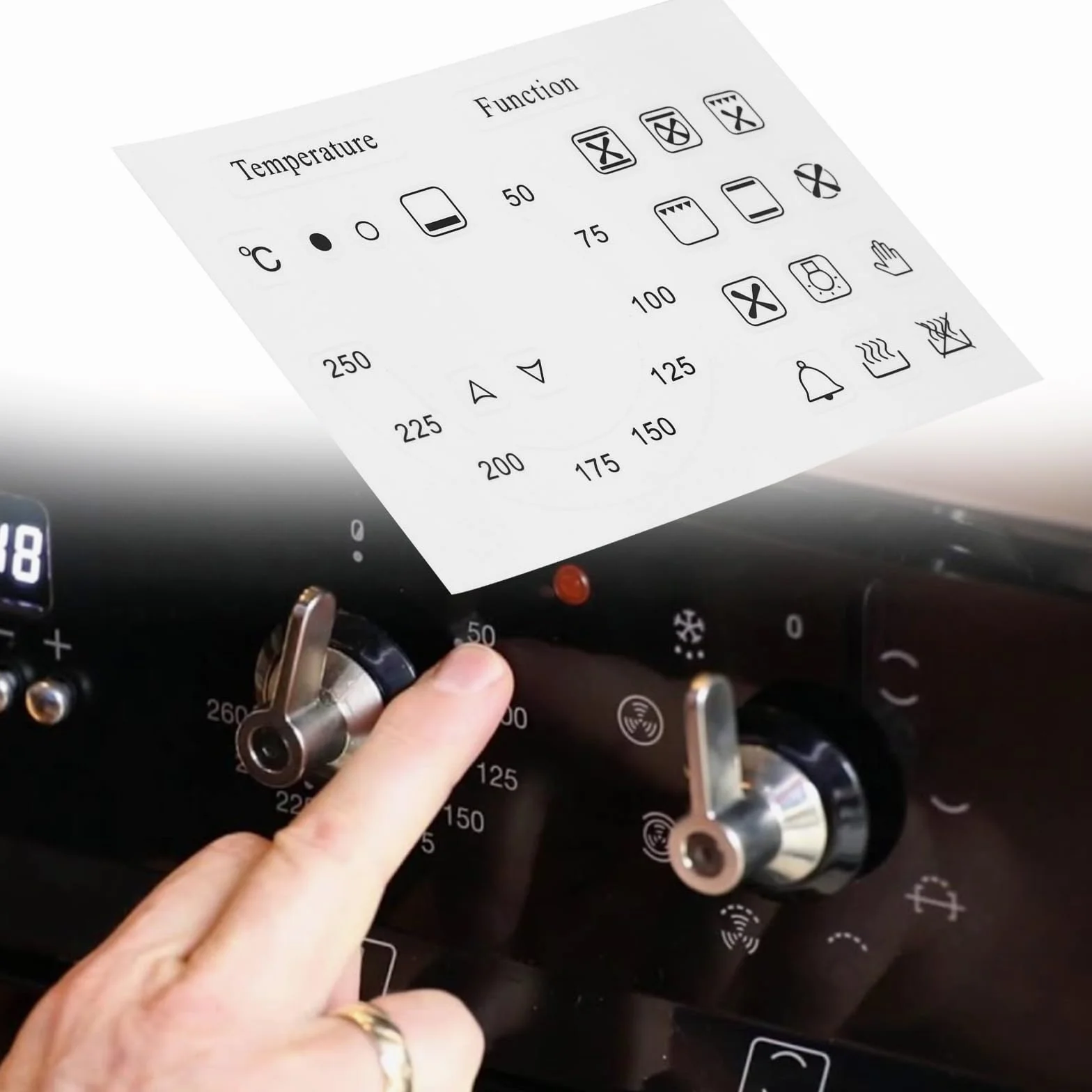 Create idea 4 Set Adesivi Per La Temperatura E Le Funzioni Del Forno 50–250°C + 18 Adesivi Con Simboli In Vinile Laminato Trasparenti Con Stampa Nero