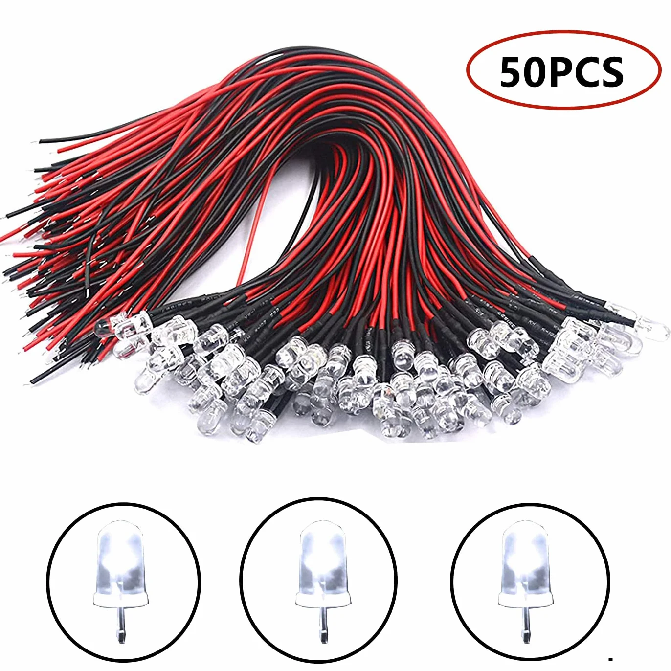 HUAZIZ 50 Pezzi 5mm Luce a Diodi LED Precablata 12V 20cm, Diodo ad Emissione Luminosa LED Bianca, per Trasformazione e Illuminazione di Circuiti Automobilistici, Modellazione di Prototipi