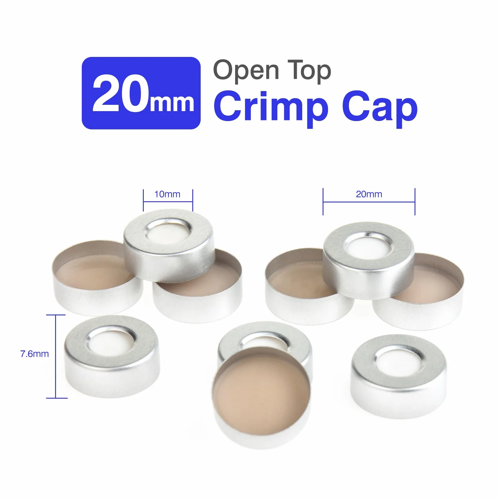 Tappo a Crimpare in Alluminio 20 mm, Guarnizione PTFE Naturale/Silicone Bianco per Fiale Spazio di Testa, Confezione da 100