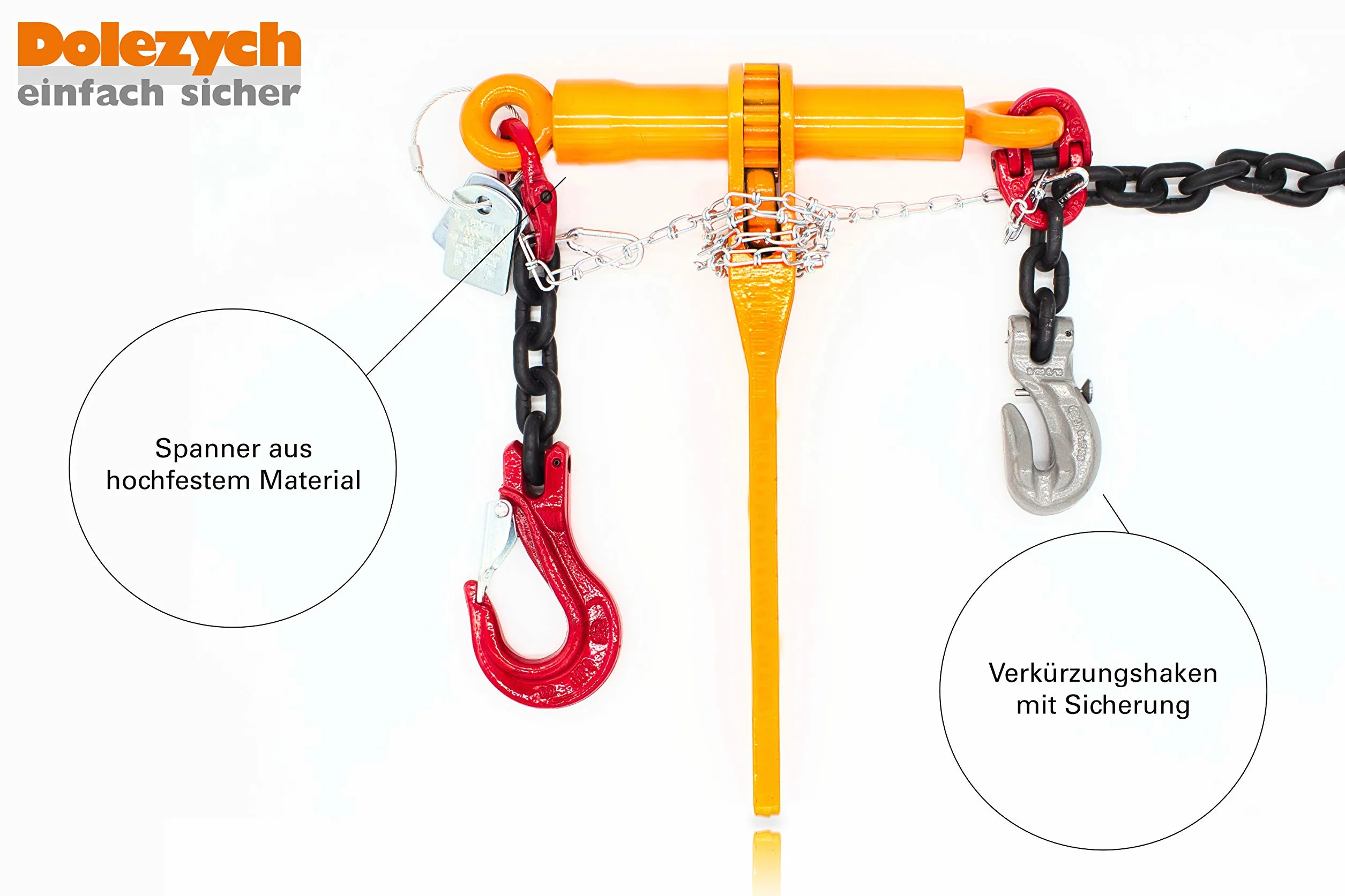 Dolezych Catena di ancoraggio di grado 80 con raccoglitore a cricchetto Dora, 2 ganci a forcella, catena da 10 mm, capacità di ancoraggio diretto = 6300 dan, lunghezza 3,50 m
