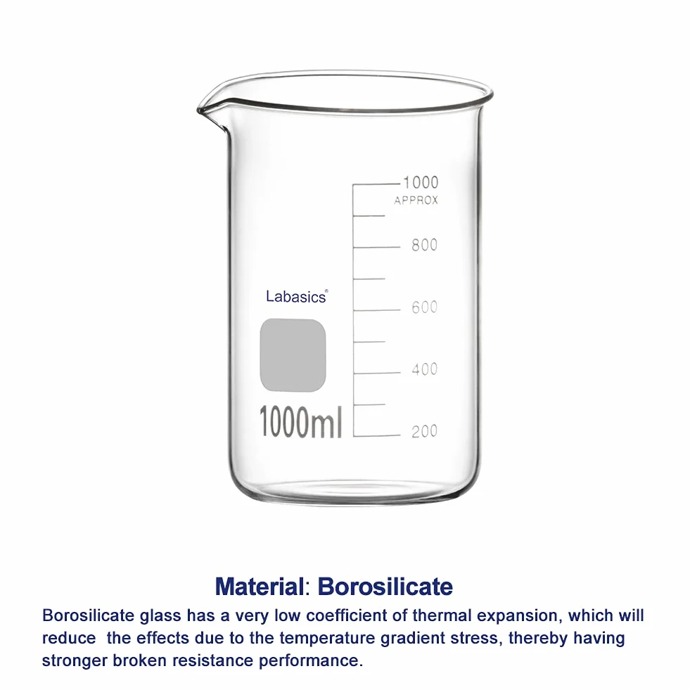 Labasics Set di Becher in Vetro per Laboratorio, Vetro Borosilicato Becher Griffin Graduati a Forma Bassa in 5 Dimensioni, 50ml/100ml/250ml/500ml/500ml/1000ml(1L), Confezione Combinata