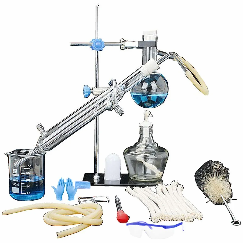 Distillazione Unità Set Vetreria da laboratorio Scienza industriale Distillatore Pura purificazione di rugiada Produzione di oli essenziali Distillato di alcol Distillato Filtro per acqua Attrezzature