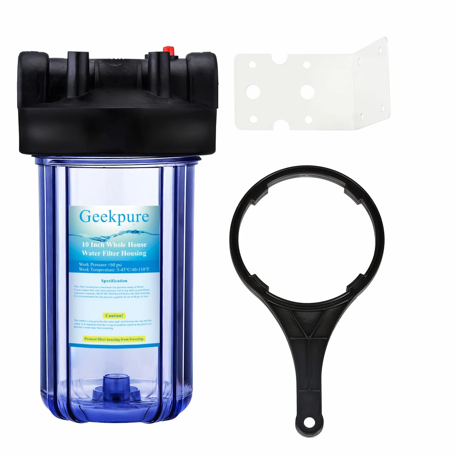 Geekpure Alloggiamento del filtro dell'acqua trasparente grande da 10 pollici per la filtrazione dell'acqua di tutta la casa con staffa per chiave -Porta da 1"-4,5" x 10" (1)