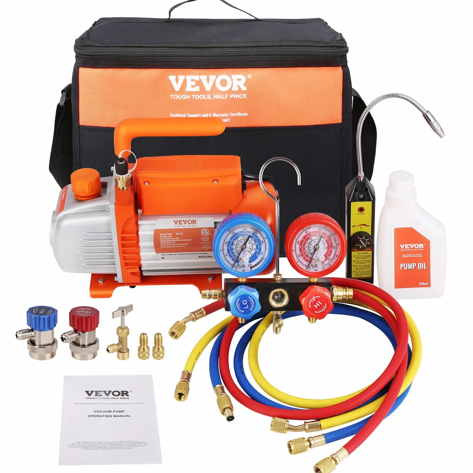 VEVOR Set Manometro e Pompa per Vuoto CA 113,26 L/min Pompa per Vuoto Aria HVAC a Palette Rotanti a Stadio Singolo, con Borsa per Trasporto del Tubo Flessibile Tricolore 1450 Giri/min 180W