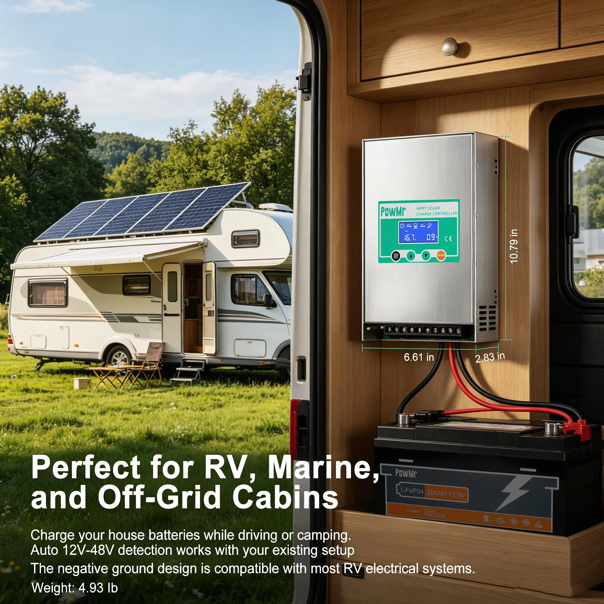 PowMr Regolatore di carica solare MPPT da 100 A, 12 V, 24 V, 36 V, 48 V, automatico, regolatore per pannello solare a terra negativa da 100 Amp, alloggiamento in alluminio per batteria al piombo