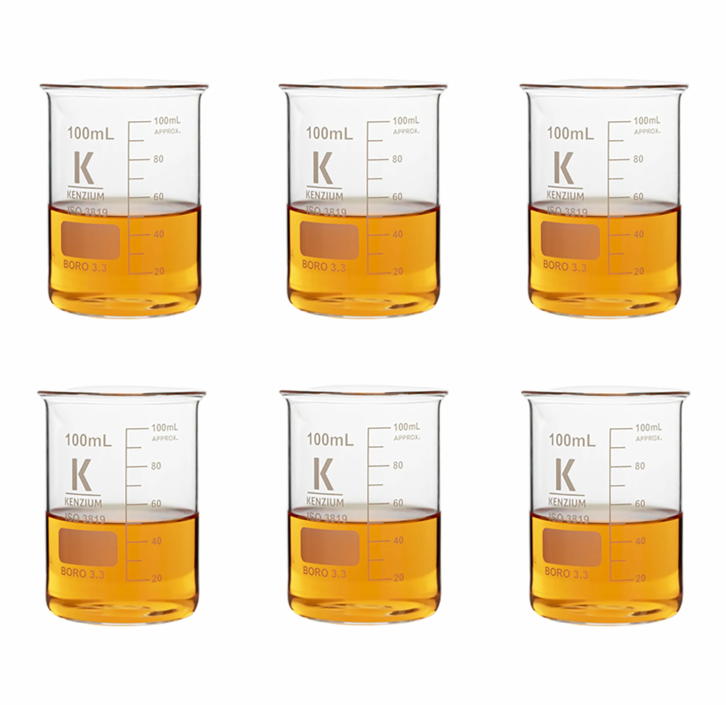 Confezione da 6 beccucci | Volume: 100 ml | Vetro borosilicato 3.3 | Forma bassa | Graduato con Beccuccio per tutti i tipi di campioni, ad alta resistenza, autolavabile