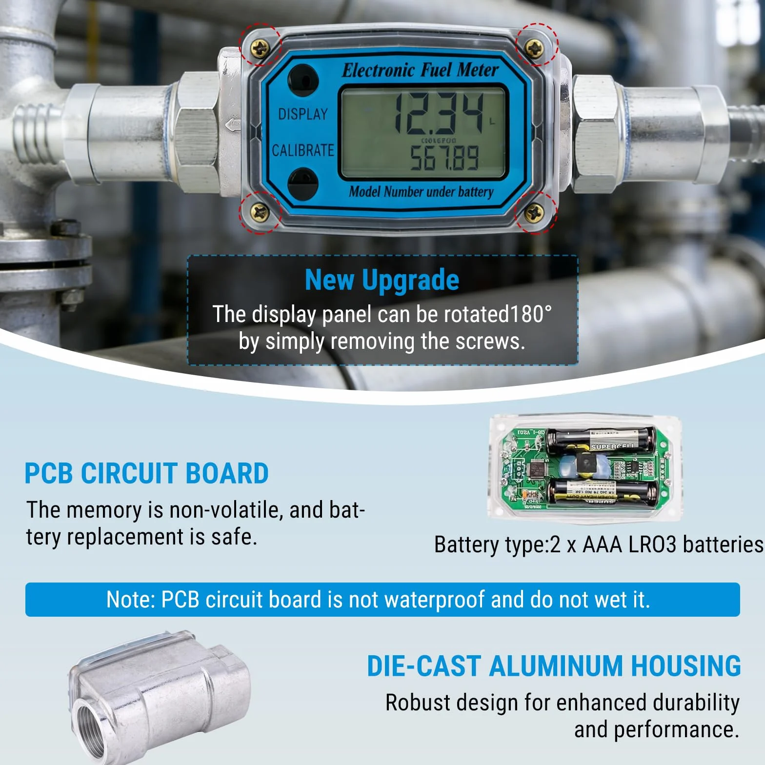 Misuratore di Portata Digitale a Turbina, 1" NPT Flussometro del Carburante, Misuratori del Flusso con Display LCD, per Diesel Kerosene Benzina, 15-120 Litri, Blu