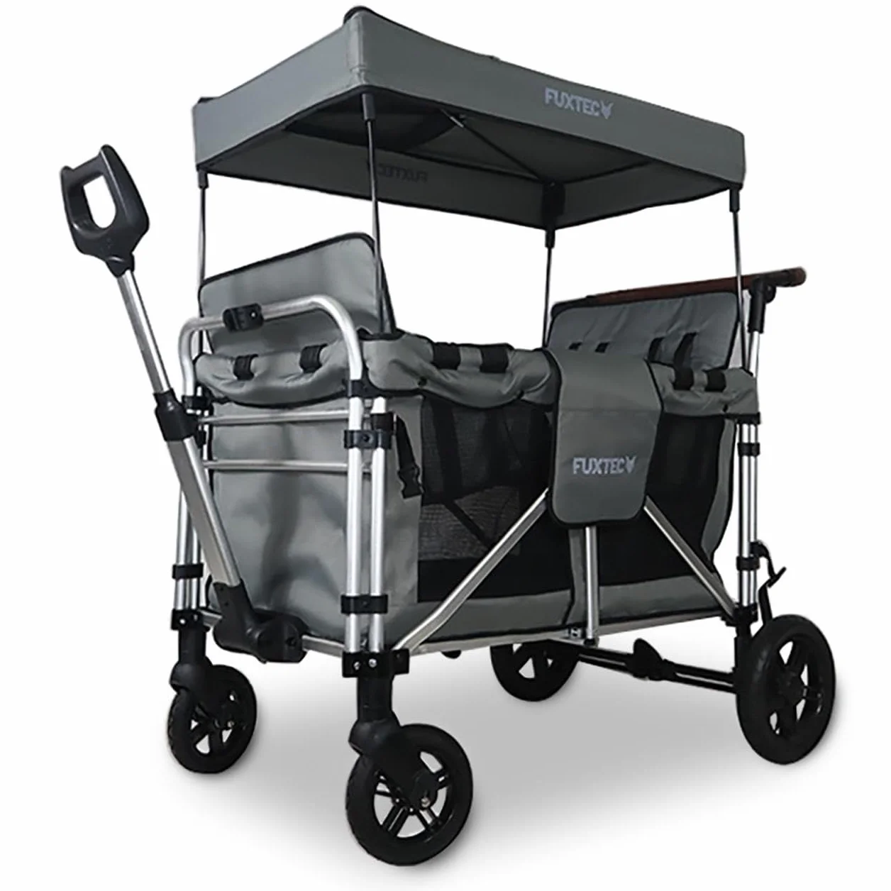 FUXLIFE Carrello Pieghevole - Premium - FX-CTXL900 Grigio • Bollerwagen XL richiudibile con 4 posti e cinture di sicurezza • Ampio vano interno e tettuccio parasole • Ruote XXL