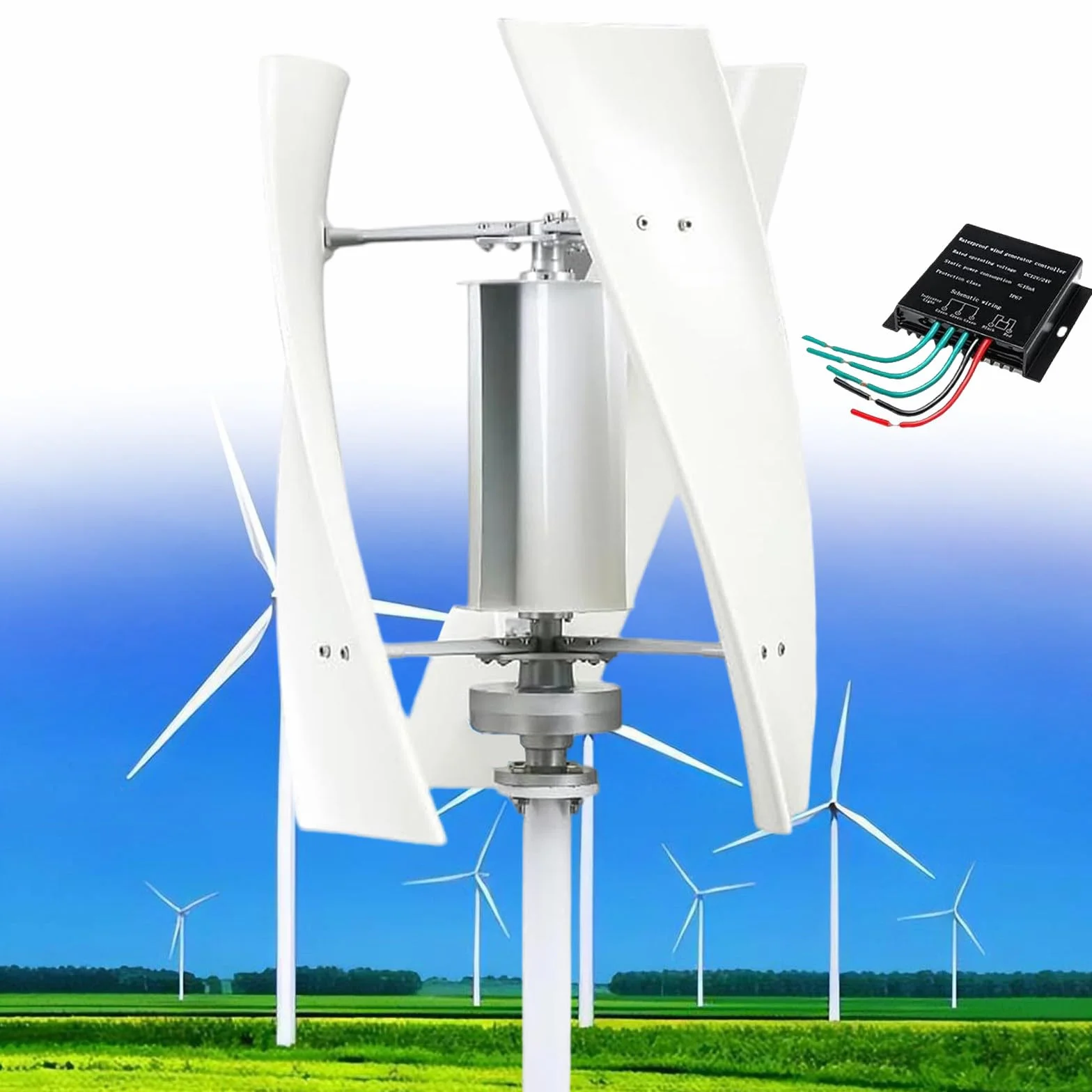 Kit Generatore Eolico da 14000W con Controller Mppt, 12V/24V/48V/110V/220V Verticale a Turbina Eolica, Attrezzatura per il Produttore di Elettricità, Kit di Energia per La Casa,White-220V