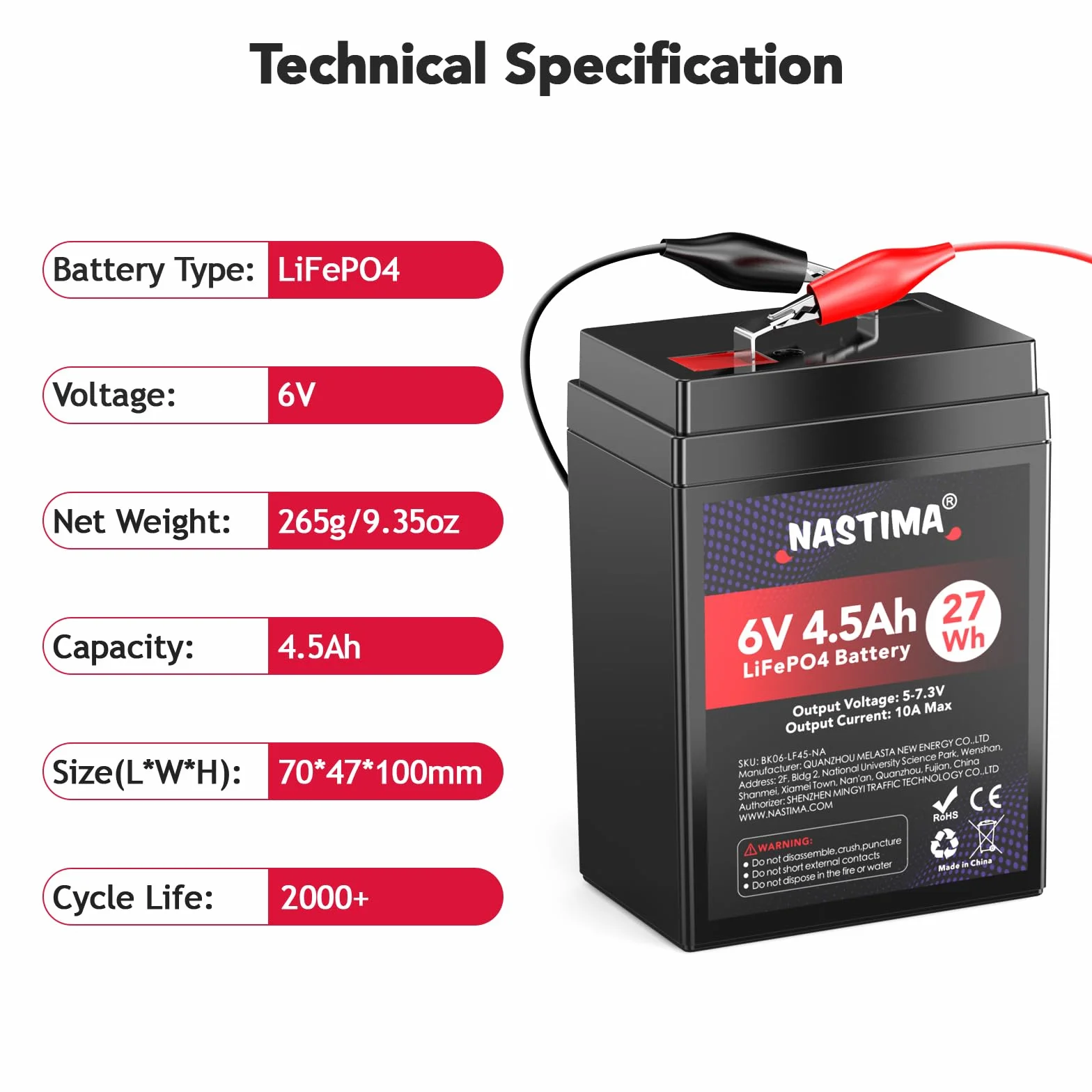 NASTIMA Batteria Ricaricabile 6V 4,5Ah LiFePO4 con Protezione BMS e Ciclo Profondo 2000, Telecamere di Sorveglianza, Macchinine per Bambini, Barche a Motore, Campeggio, Pannelli Solari