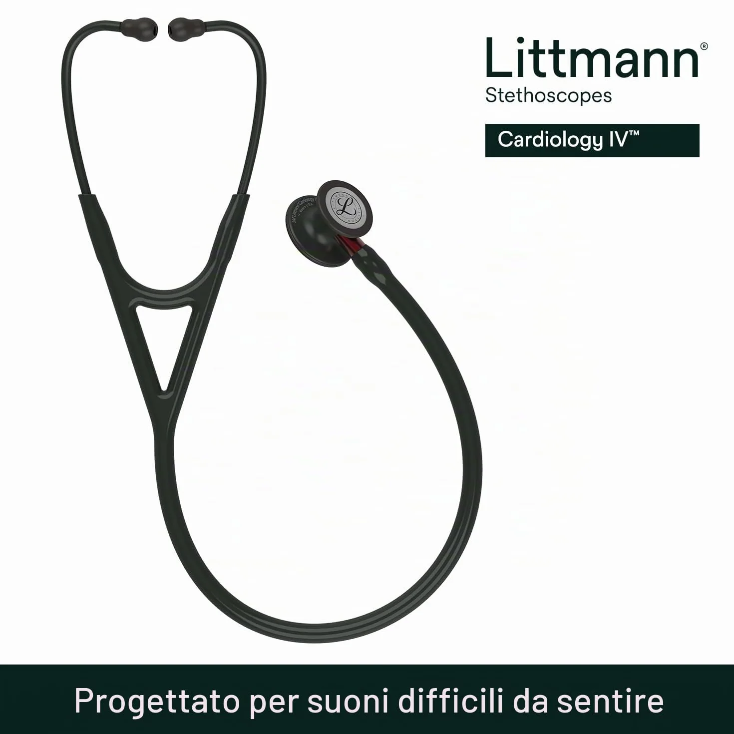 3M Littmann Stetoscopio diagnostico Cardiology IV, testina con finitura nera, tubo auricolare nero, connettore e archetto rossi, 69 cm, 6200