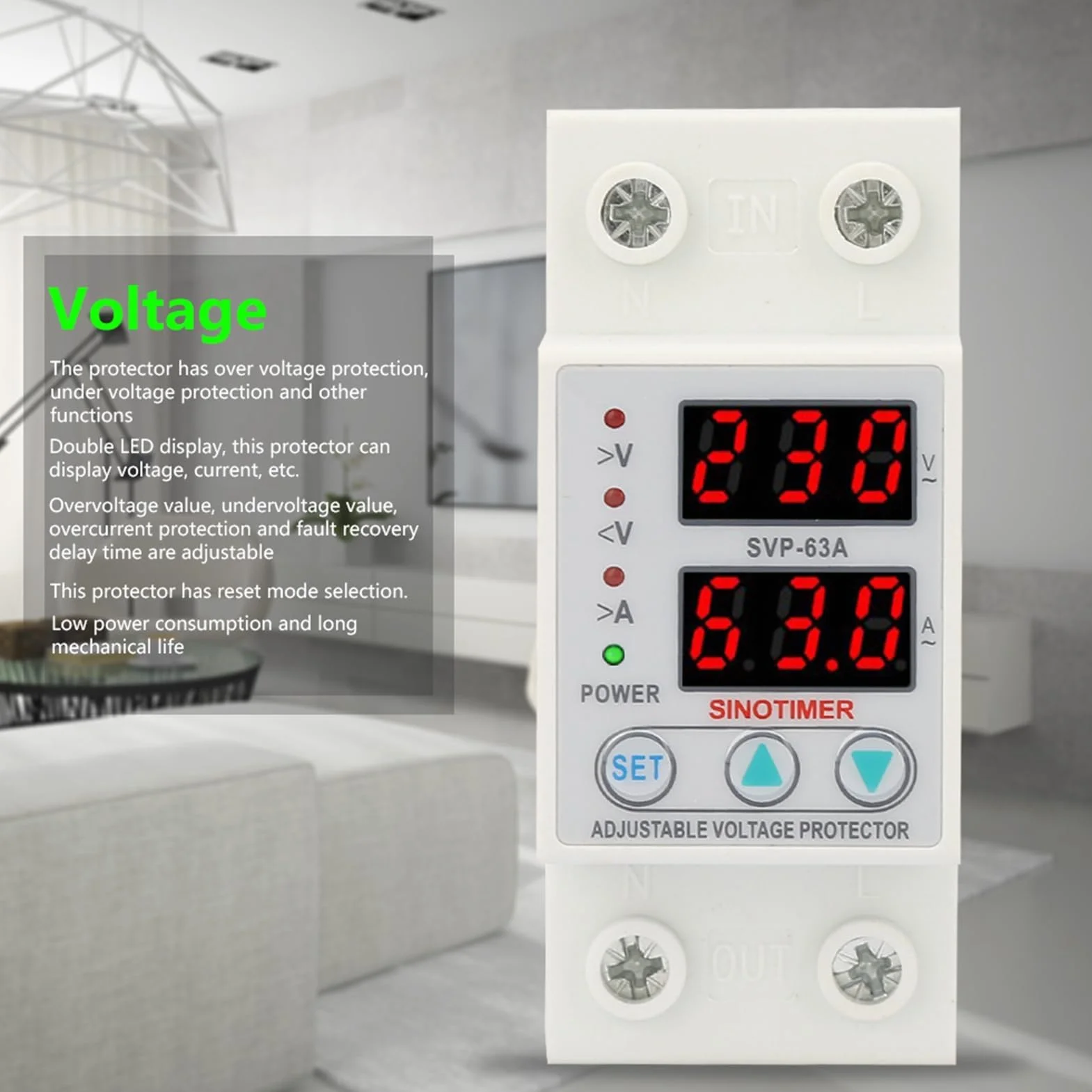 AC230V 63A Protezione Corrente di Tensione per Dispositivo di Protezione Sovratensione/Sottotensione Doppio Display a LED Protezione Monofase a Bassa Tensione Installazione su Guida DIN