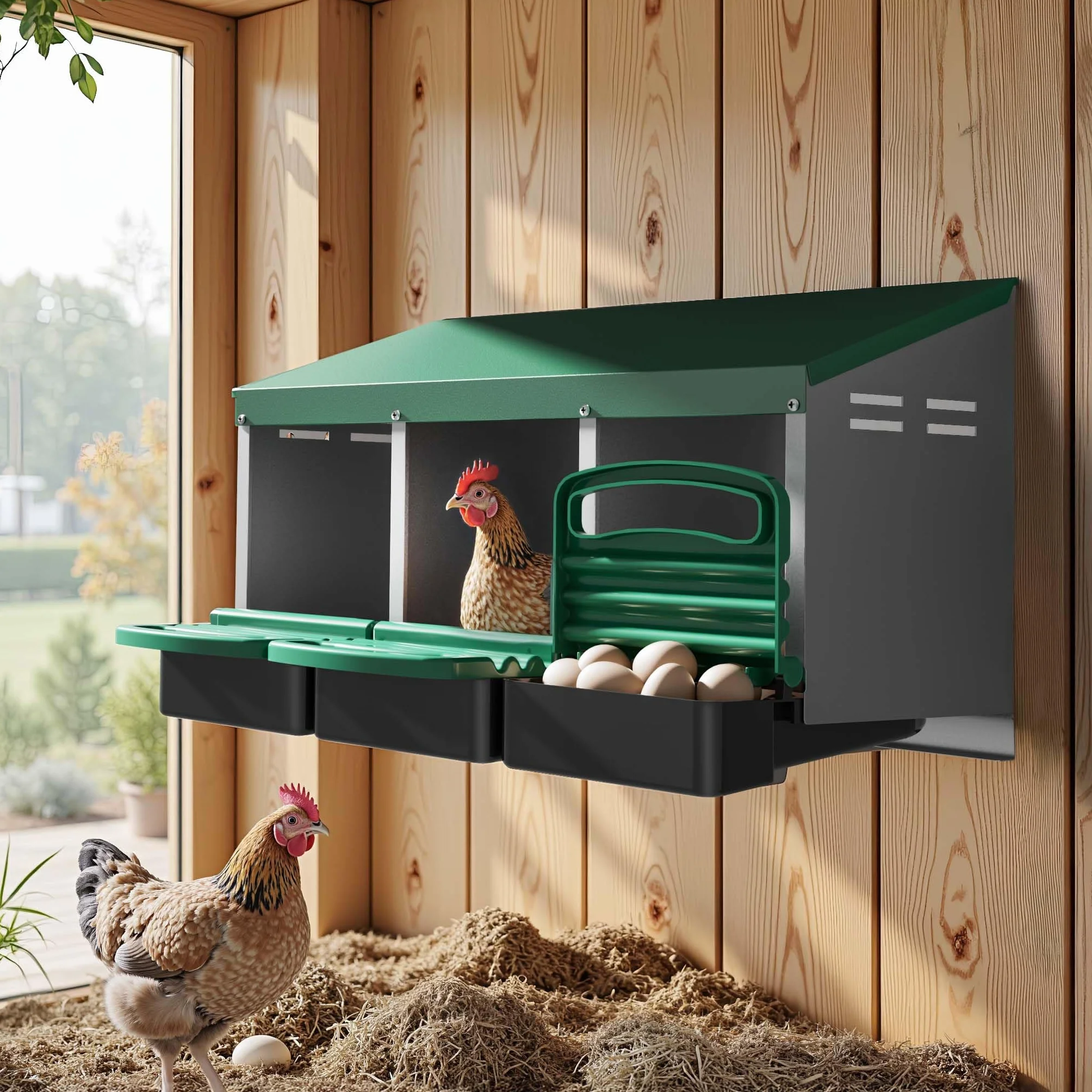 Fudajo Nido triplo per galline ovaiole con vassoio di raccolta 81 x 52 x 48 cm, 3 nidi per uova di gallina, con fori di ventilazione, in plastica, montaggio a parete