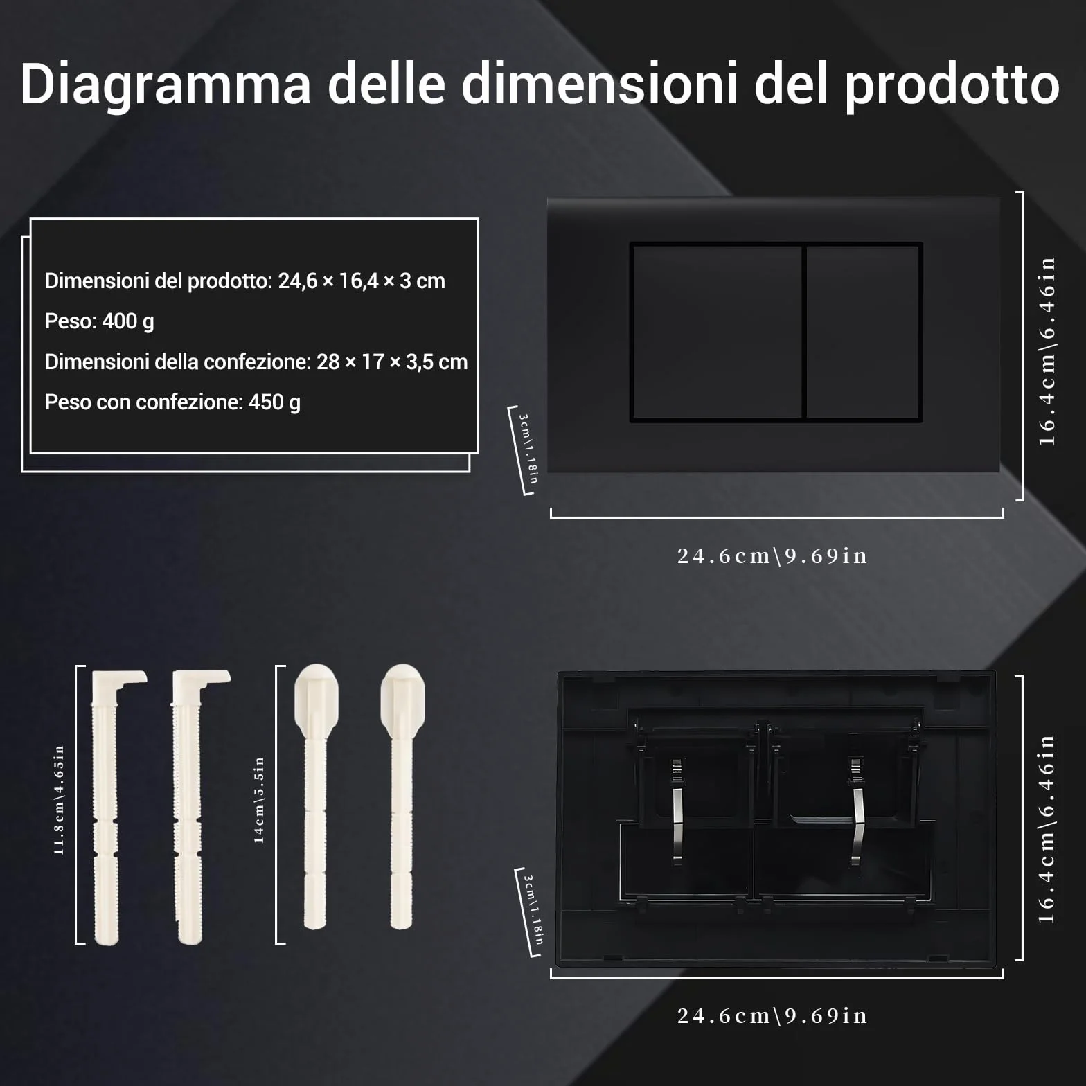 Placca di Comando WC Compatibile con Geberit Sigma Gamma UP300 UP320 246x164 mm Nero Opaco