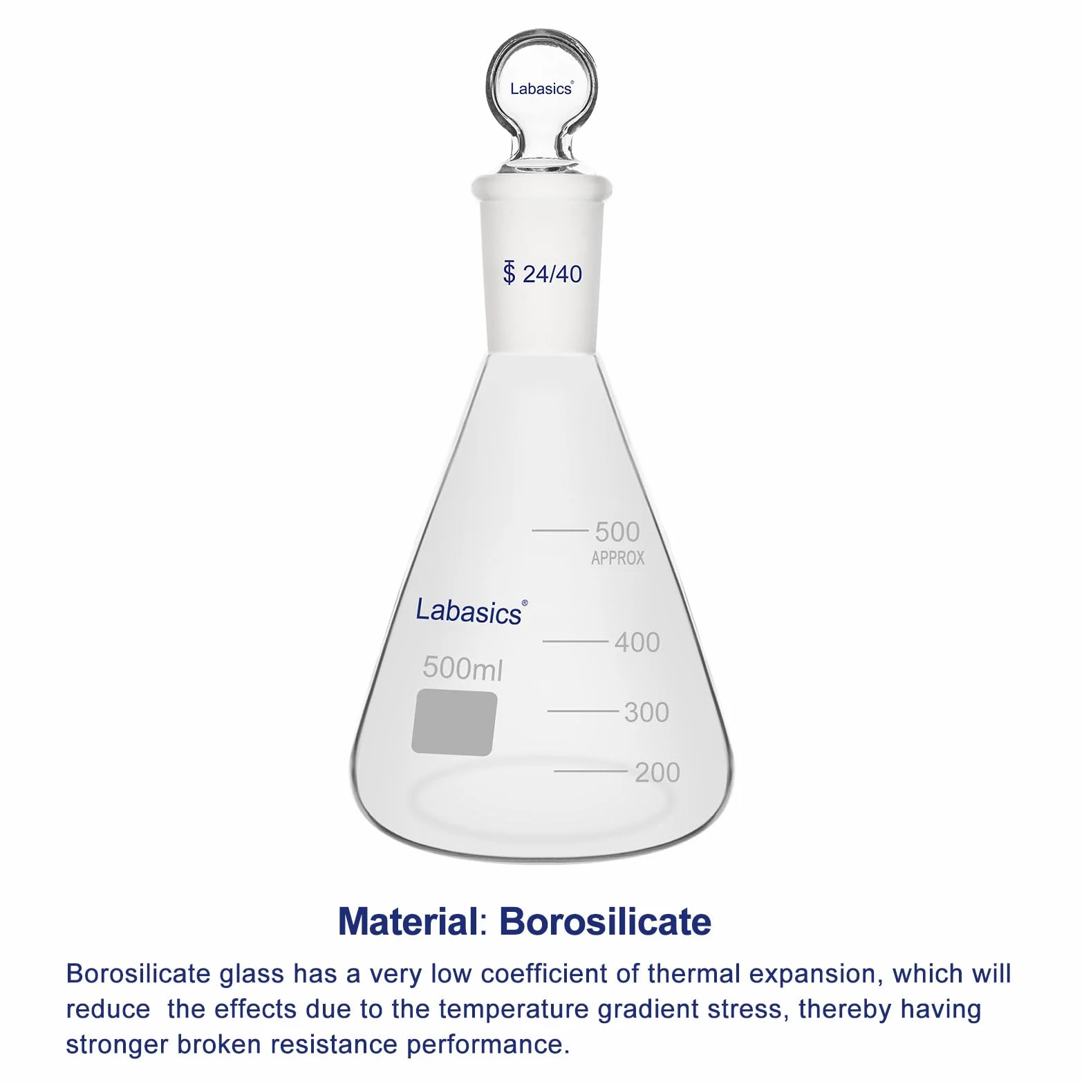 Labasics Flask Erlenmeyer in Vetro Borosilicato con Tappo a Giunto 24/40, Flask Conico per Miscelazione e Conservazione di Reagenti da Laboratorio, 500 ml