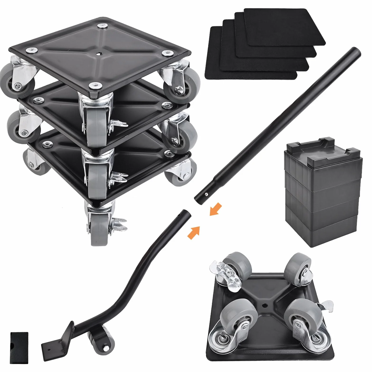 Sollevatore Mobili, Ruote con Freno, Set 4 Spostare Mobili Pesanti, Barra di Sollevamento, Cuscinetti Antiscivolo e Regolatori di Altezza, Spostamento Facile dei Mobili Nero