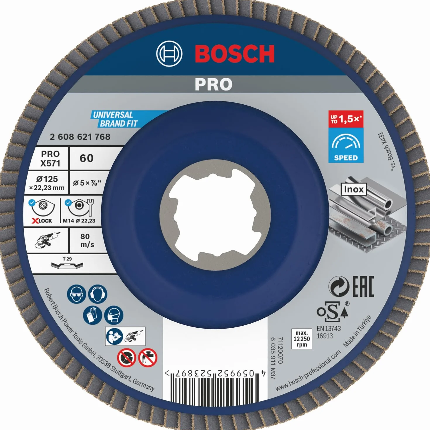 Bosch 1x Disco lamellare PRO X571 piccole, versione angolata, X-Lock (per Acciaio, Acciaio inossidabile, Ø 125 mm, Grano 60, Professional Accessorio Smerigliatrice angolare piccola)