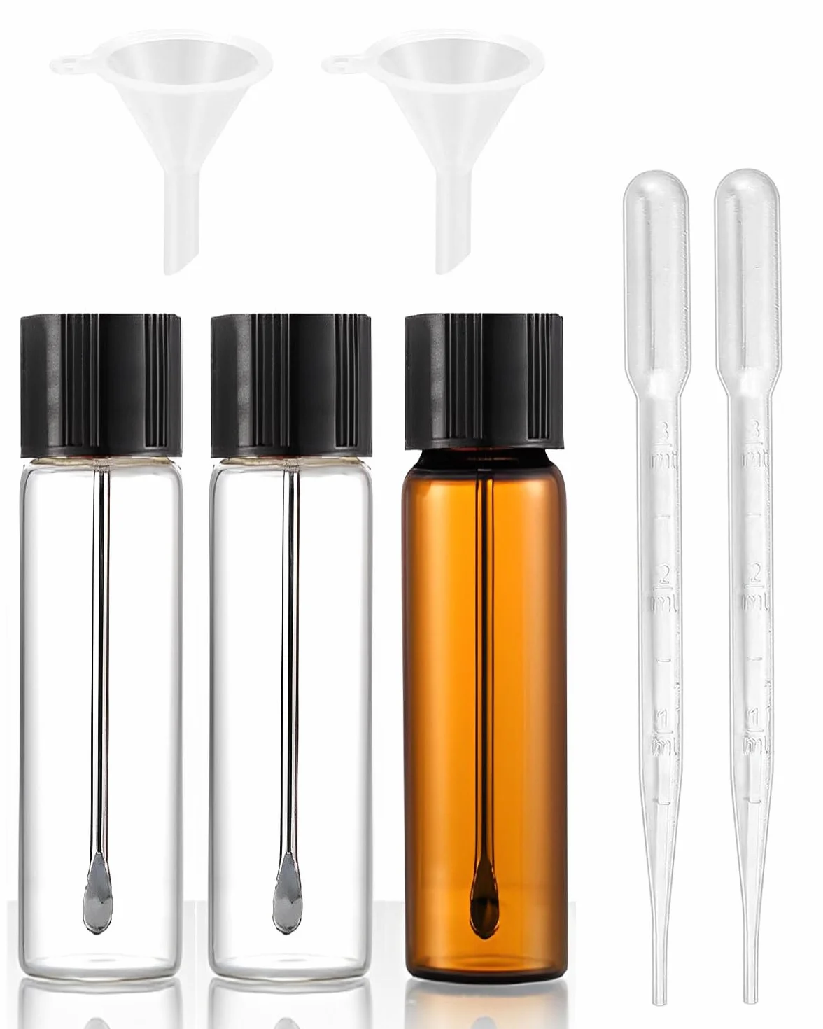 Fiale da laboratorio in vetro trasparente 65 mm con cucchiaio, imbuti e contagocce, 3 pezzi
