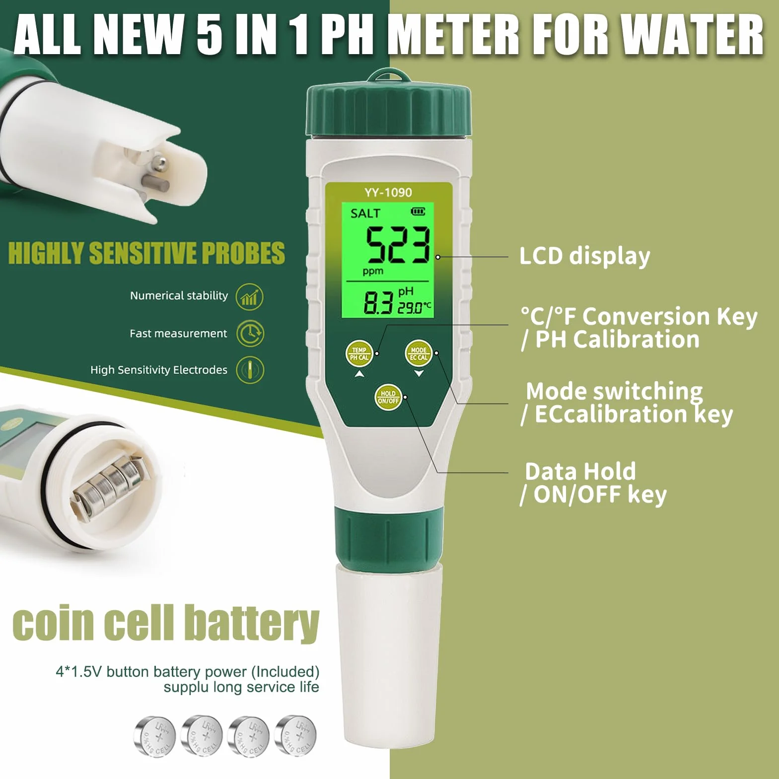 Misuratore PH 5 in 1, PH EC TDS Salinità Temperatura Meter con Innovativo Display Simultaneo Tre Dati, IP67 Impermeabile Tester Salinità PH per Piscina, Acqua Potabile, acquari, idroponia