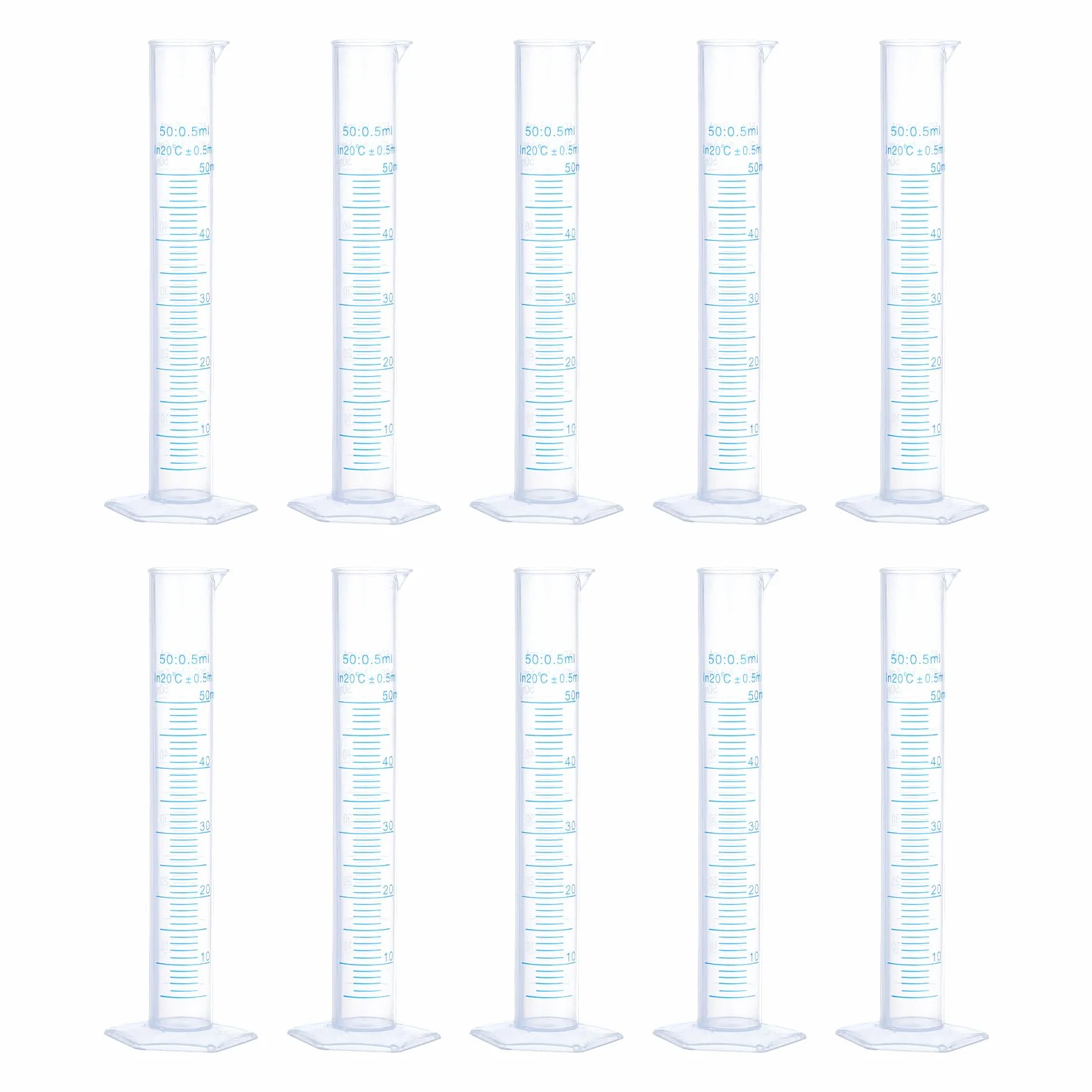 QUARKZMAN Cilindro Graduato in Plastica, Cilindro di Misurazione 50ml, Becher per Tubi di Prova, Marcatura Metrica 2 Lati, Base Esagonale Trasparente per Laboratorio Casa 10pz