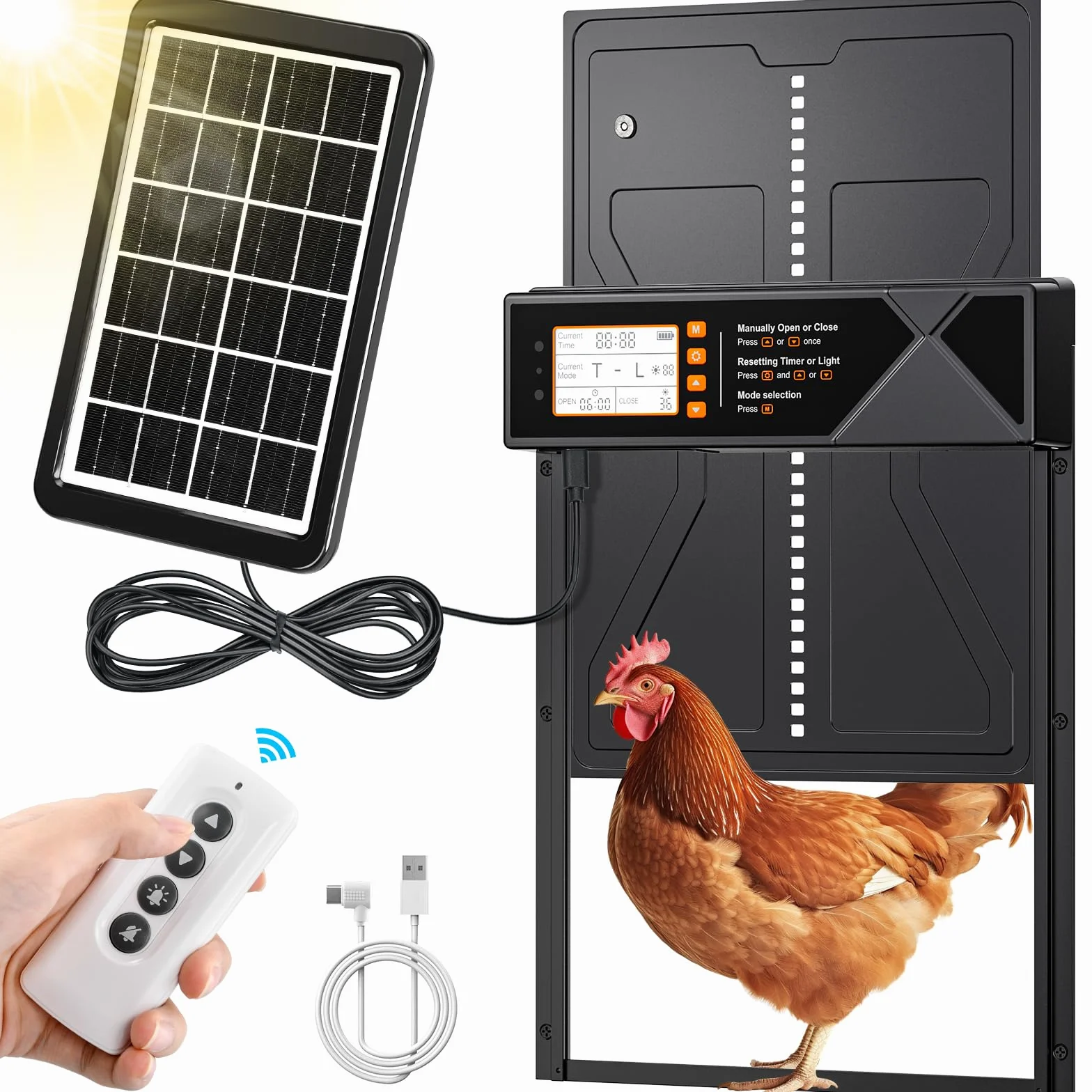 Rsaoty Porta Pollaio Automatica Solare con Display LED, Telecomando, Sensore di Luce, Timer e Manuale, Antipizzicamento