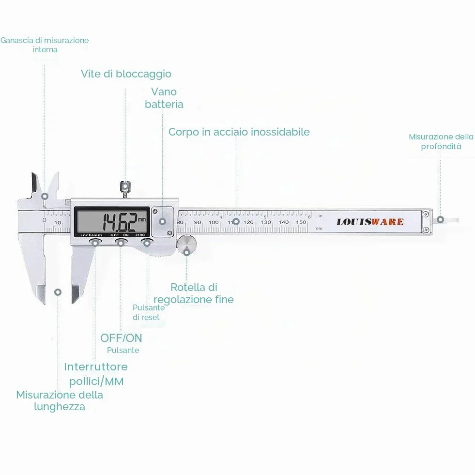 Calibro Digitale, Precisione Calibri in Acciaio Inox 150mm con Ampio Display LCD Micrometro Digitale Professionale per Misurazione Esterne, Interne, Profondità e di Passo