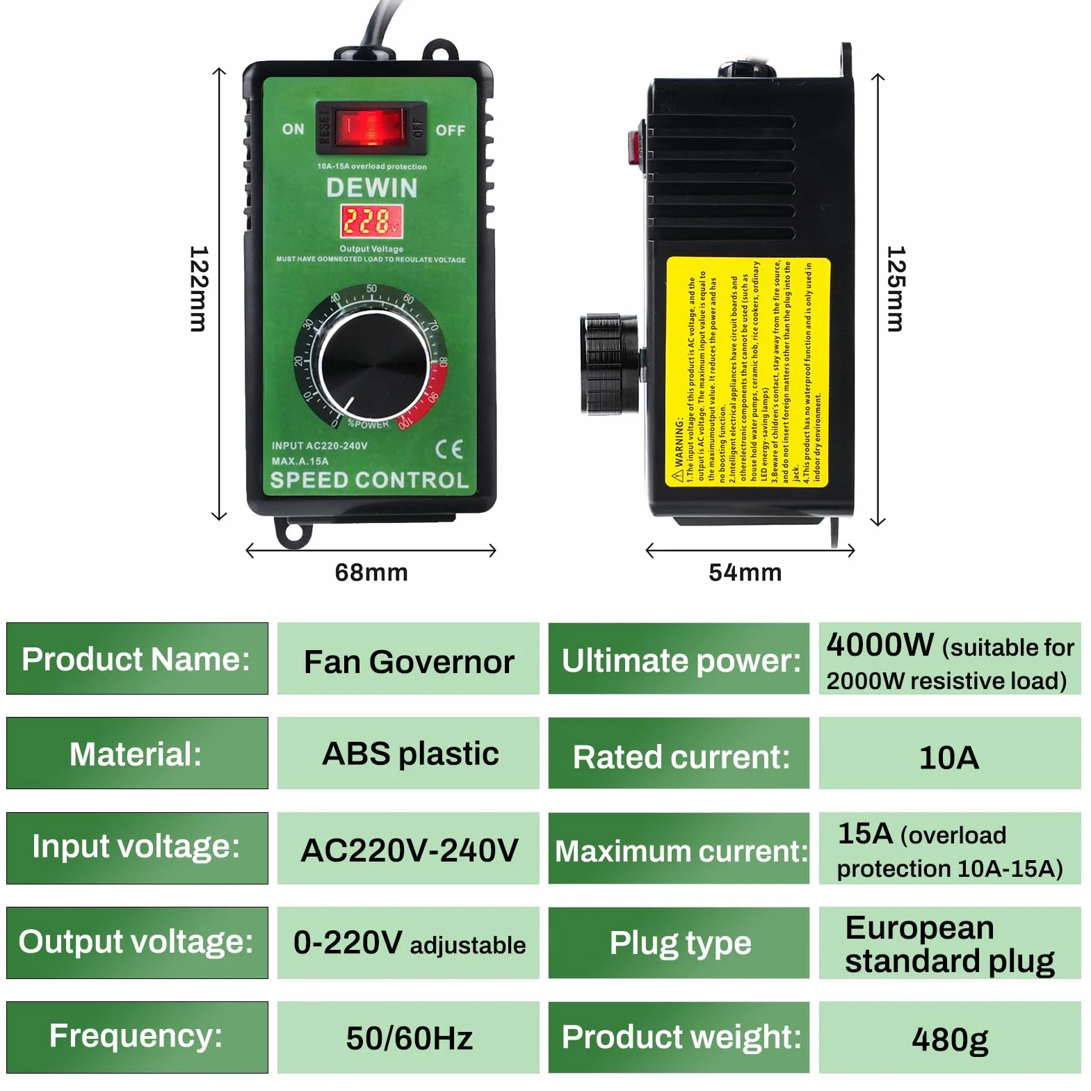 DEWIN Regolatore di velocità 220V 15A 4000W Regolatore Velocita Trapano Regolatore di Tensione Dimmer Utilizzo per Smerigliatrice Angolare/Soffiatore Trapano a Mano