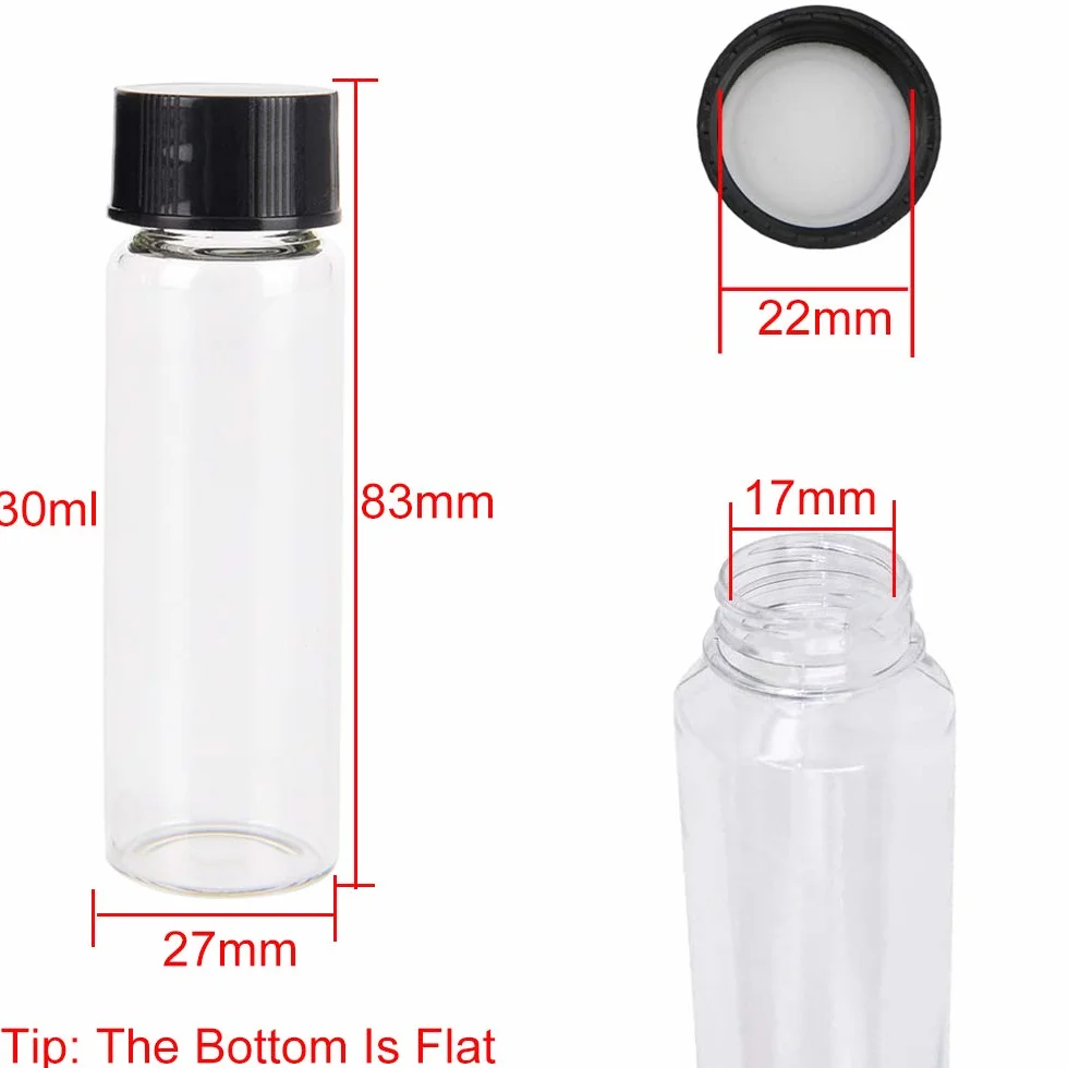 Bottiglie di Vetro Trasparente 30 ml, Fiale di Vetro per Campioni, Tappo Nero a Vite, 25 Pezzi