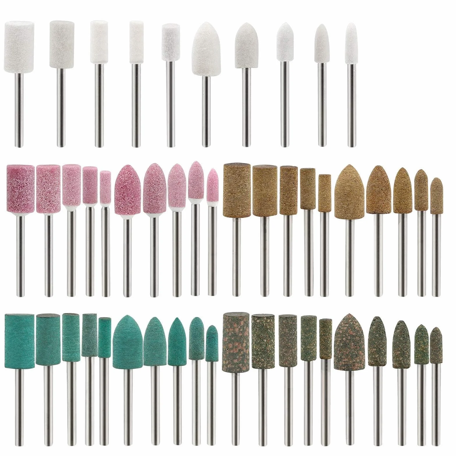 50 pezzi di lucidatura punte montati rettifica lucidatura mole, lana/sesamo/gomma/strumenti di macinazione della pelle bovina accessori per utensili rotanti set gambo 3mm