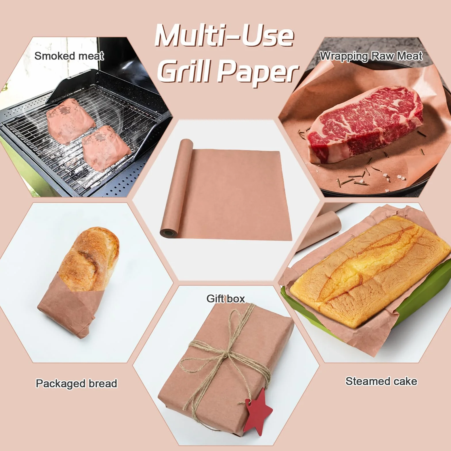 Pink Butcher Paper BBQ 40cm x 30m, Rotolo di Carta da Macellaio, Carta Kraft per Barbecue Rotol per Barbecue, Affumicatore, Carne di Pesce, Perfetta per Cucinare Succoso