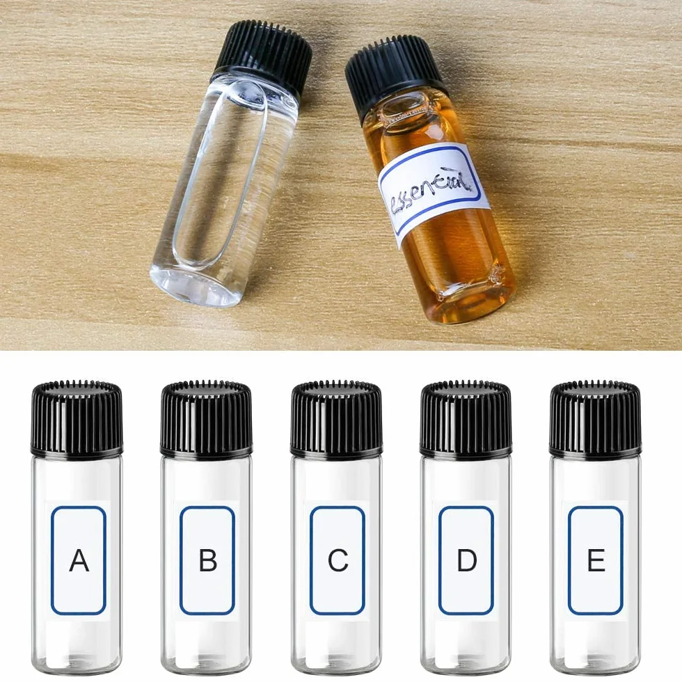 Fiale di Vetro Trasparente 5ml con Tappo Nero, Bottiglie Campione per Oli Essenziali