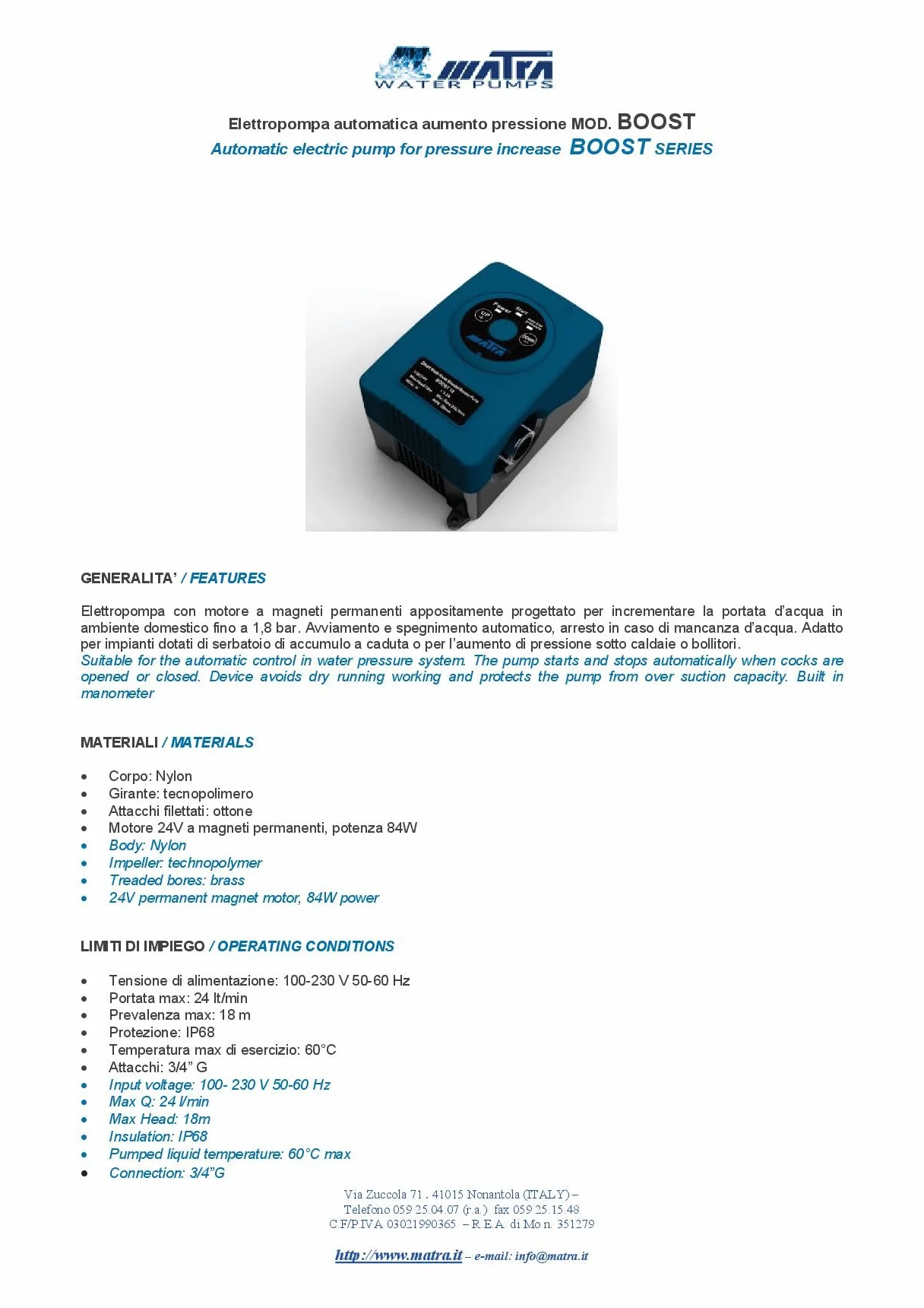MATRA BOOST 21 - Booster per pompe
