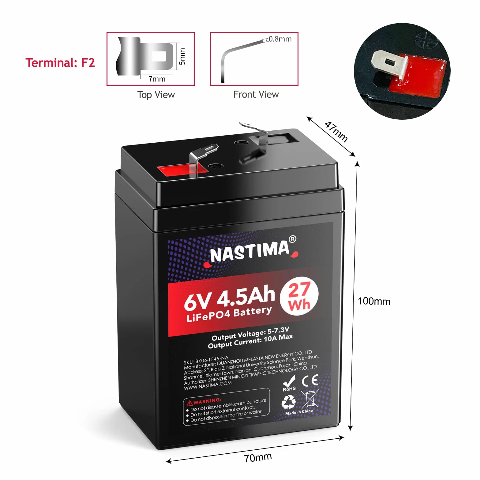 NASTIMA Batteria Ricaricabile 6V 4,5Ah LiFePO4 con Protezione BMS e Ciclo Profondo 2000, Telecamere di Sorveglianza, Macchinine per Bambini, Barche a Motore, Campeggio, Pannelli Solari