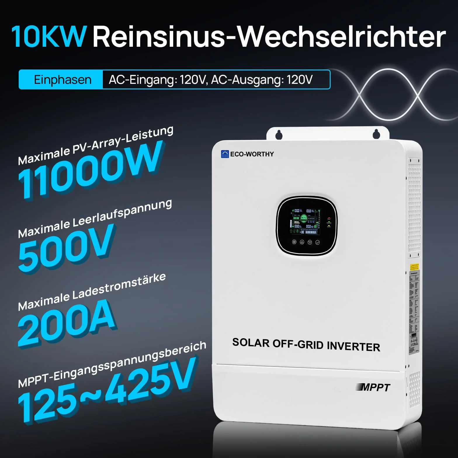 ECO-WORTHY Inverter ibrido da 10000 W, 48 V DC a 220 V/230 V AC, 10 kW, inverter solare a onda sinusoidale pura con regolatore di carica MPPT per pannello solare, set completo