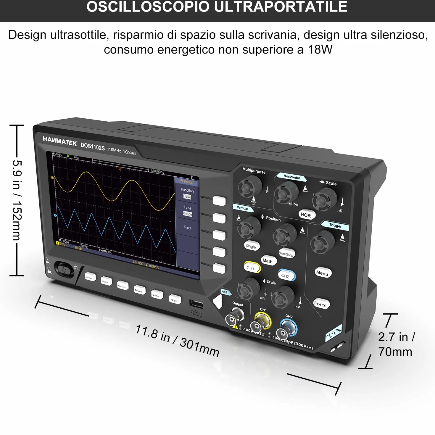 HANMATEK 2 in 1 Oscilloscopio Digitale Generatore di Degnale DDS con Larghezza di Banda 110 MHz, 2 Canali e Display TFT-LCD, Frequenza di Campionamento 500 MS/s *2