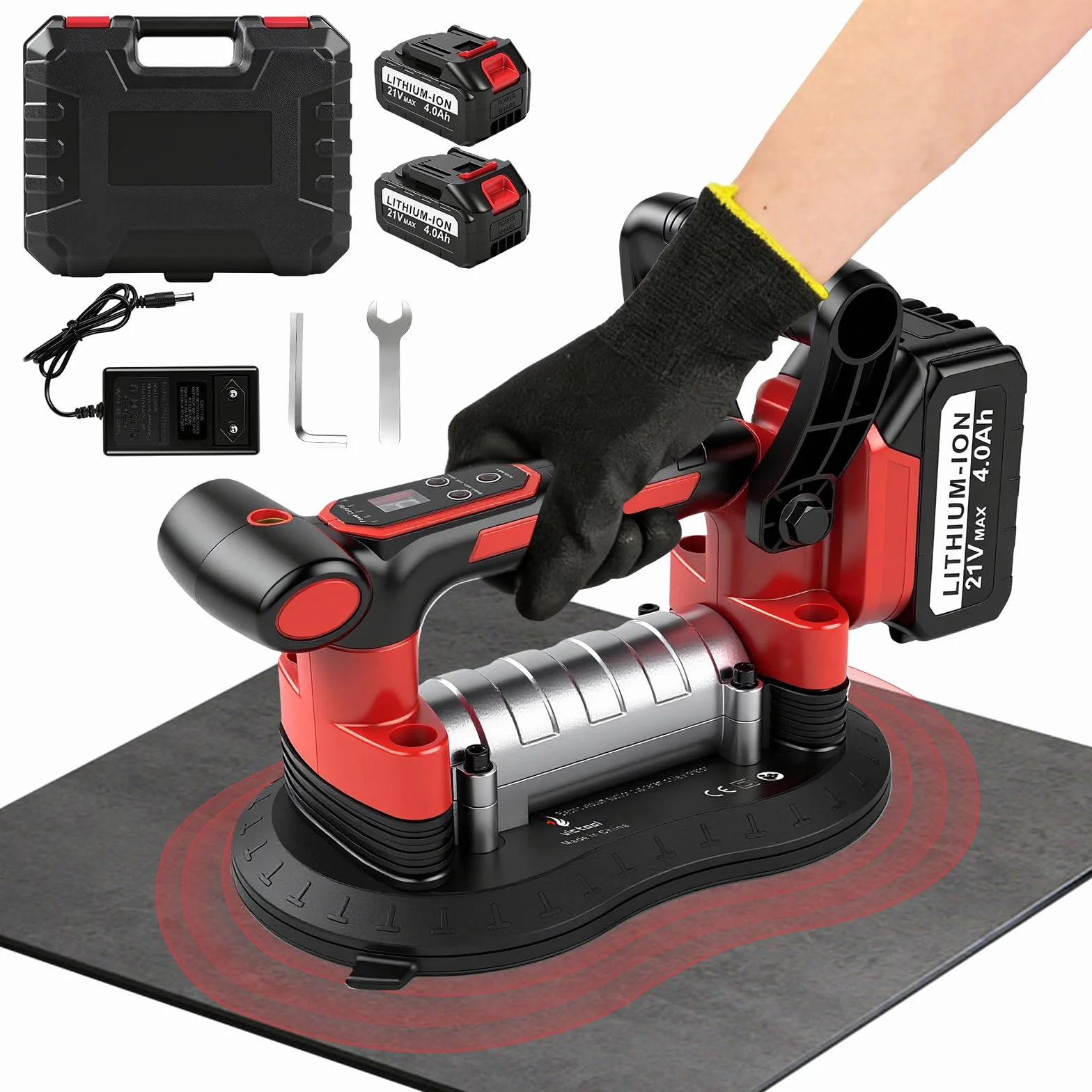 2 in 1 batteria vibrante per piastrelle e ventose con batteria, 200 kg (440 lbs), potenza di aspirazione regolabile a 9 marce, vibratore per piastrelle, vetro, marmo, ventosa 255 x 155 mm