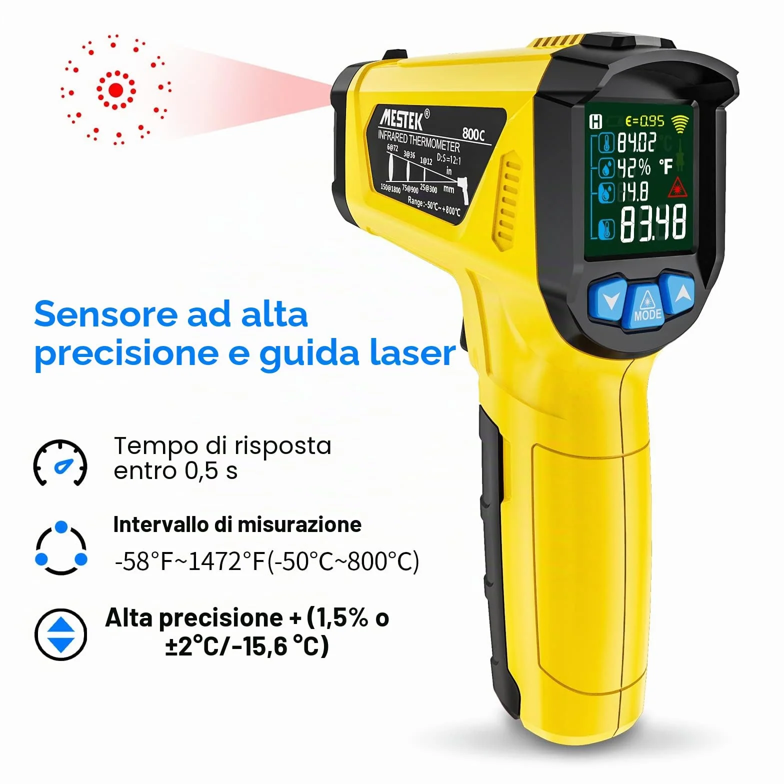 MESTEK Termometro a Infrarossi Digitale Laser -50°C 800°C con Sonda K Schermo LCD Colori
