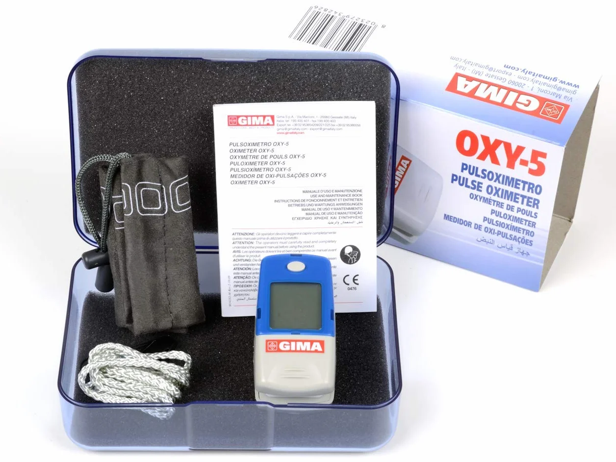 GIMA Oxy-5 Saturimetro Pulsoximetro da Dito, 10-22 mm, Portatile, Saturazione Battito Perfusione, Display LCD, Allarmi Visivi Acustici