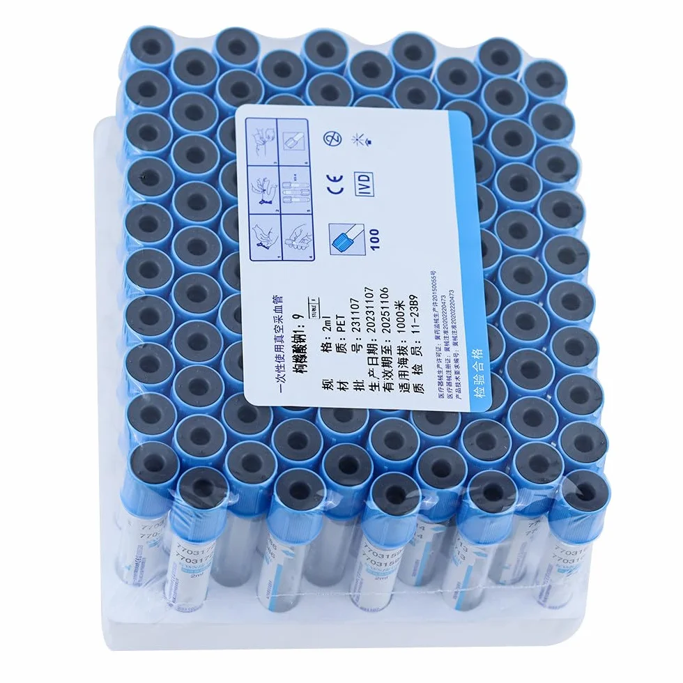 100 Provette per Prelievo di Sangue Sottovuoto, Provette in Vetro Sottovuoto da 2 Ml/5 Ml/10 Ml con Tappo A Vite Blu, Provetta Monouso Sterile in Citrato di Sodio 1:9, per Laboratorio,10ML