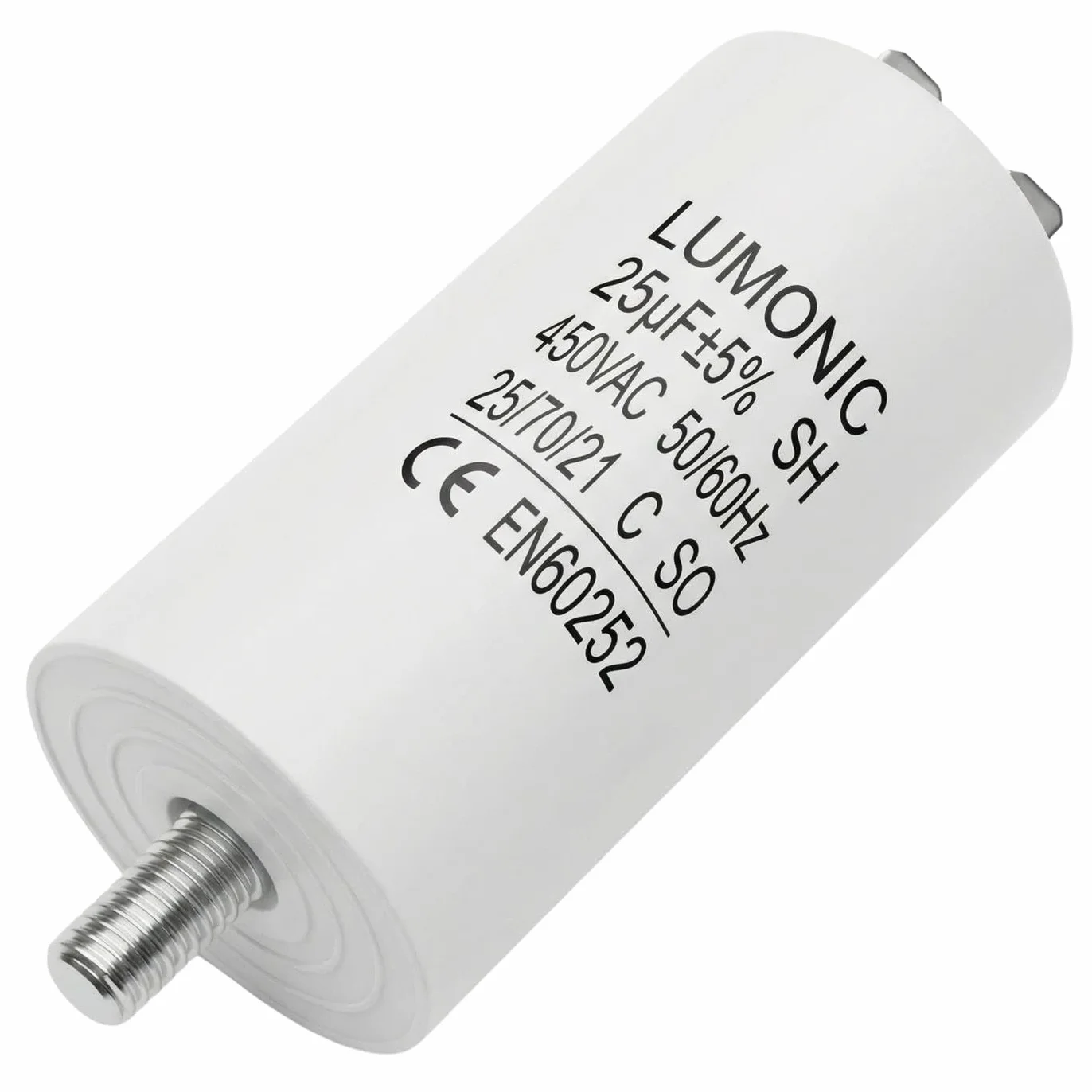 Lumonic Condensatore di avviamento 25µF 450V | con Spina I 38x75mm I 25uF I Condensatore motore con custodia in plastica I Condensatore di esercizio I per pompe, tosaerba, utensili