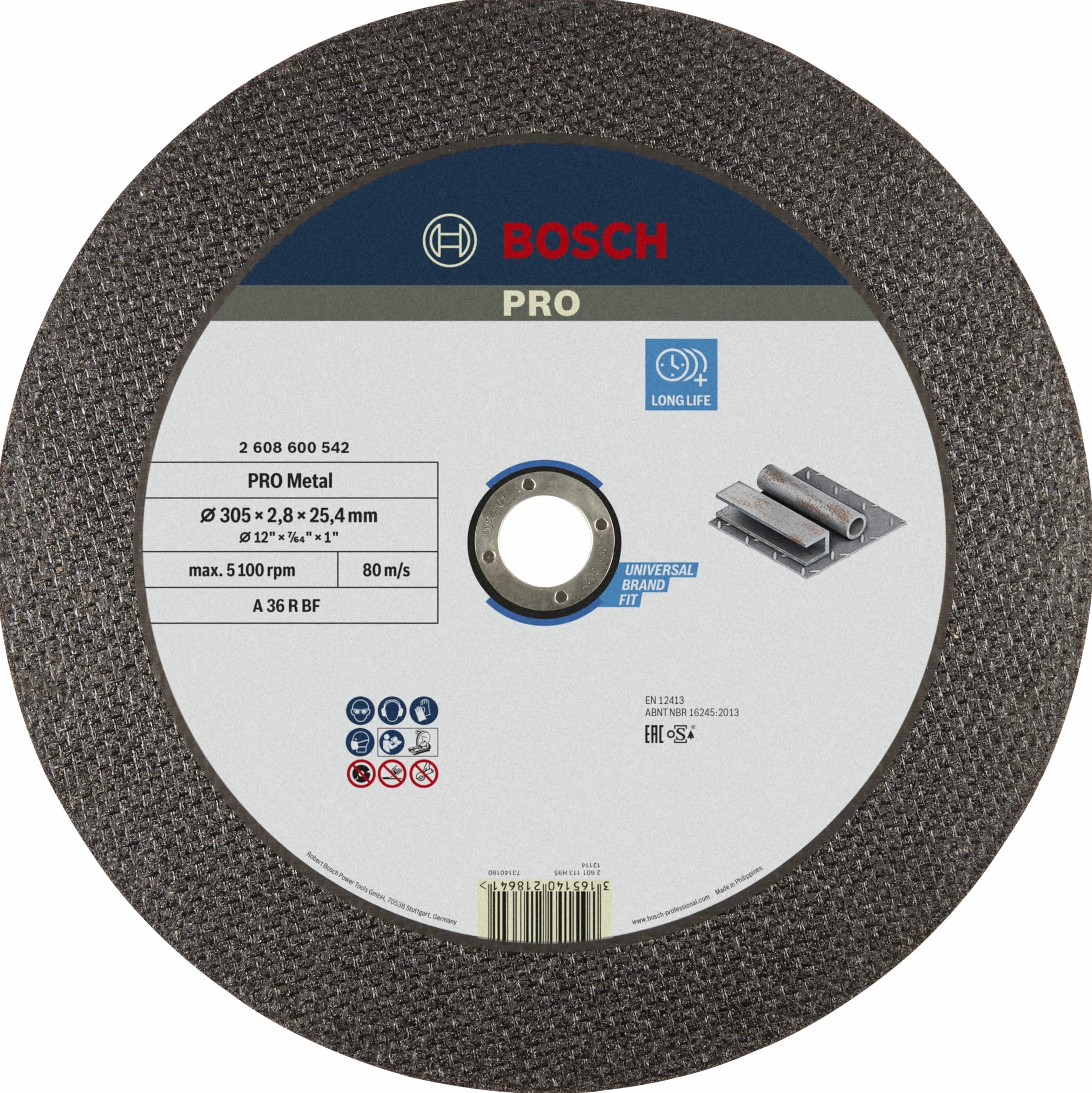 Bosch 1x Mola da taglio PRO Metal di lunga durata per troncatrici, foro 25,4 mm (per Acciaio, Ø 305 mm, Professional Accessorio Troncatrice)