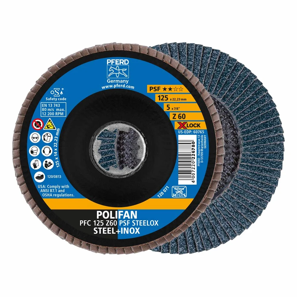 PFERD Dischi a ventaglio in POLIFAN, 10 pezzi, 125 mm, Z60, X-LOCK (22,23 mm), PSF STEELOX 67666126 – per un'elevata efficienza economica grazie alla lavorazione aggressiva con buona durata