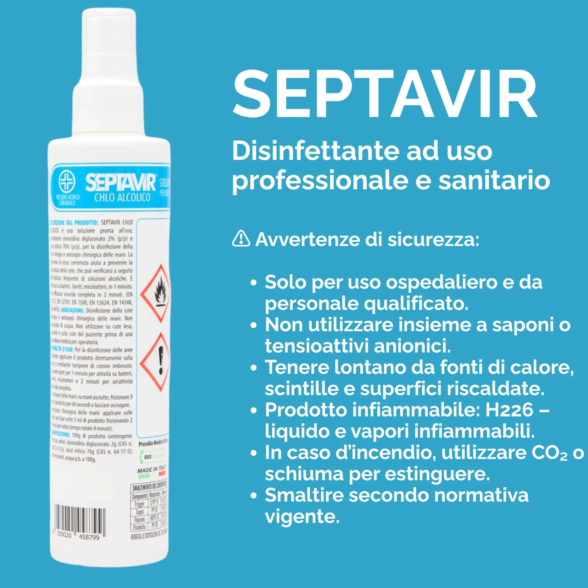 Septavir Disinfettante Battericida Clorexidina 2% Soluzione Alcolica 250 ml