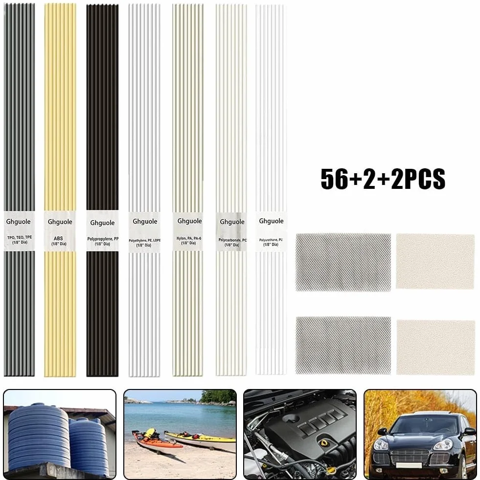 Set di 60 aste di saldatura in plastica per riparazione paraurti, kayak, barche, acciaio inossidabile e carta vetrata